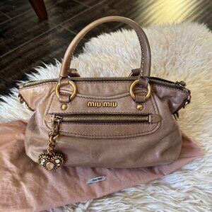 Vintage Miu Miu Distressed Leather Handbag with Swarovski Crystal Charm - Rare R